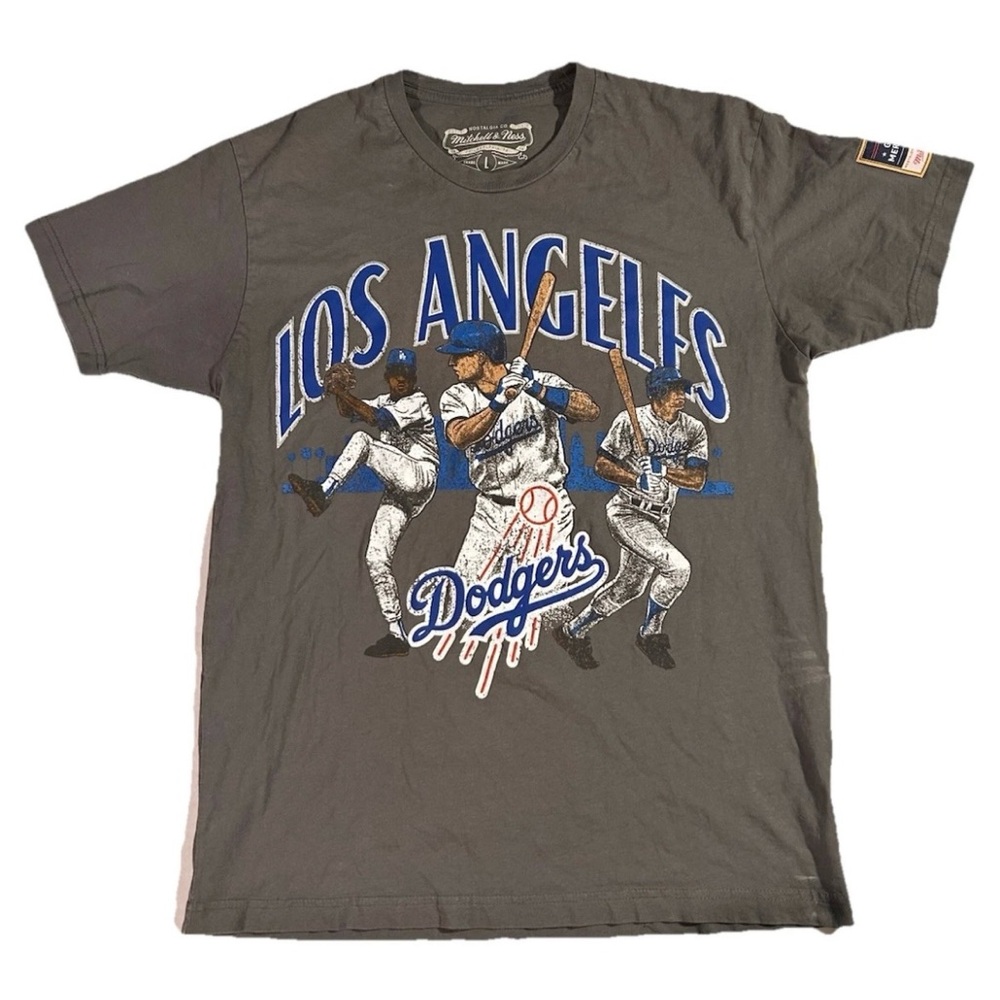 Mitchell & Ness Los Angeles Dodgers Double Sided Graphic T Shirt sz L LARGE Grey